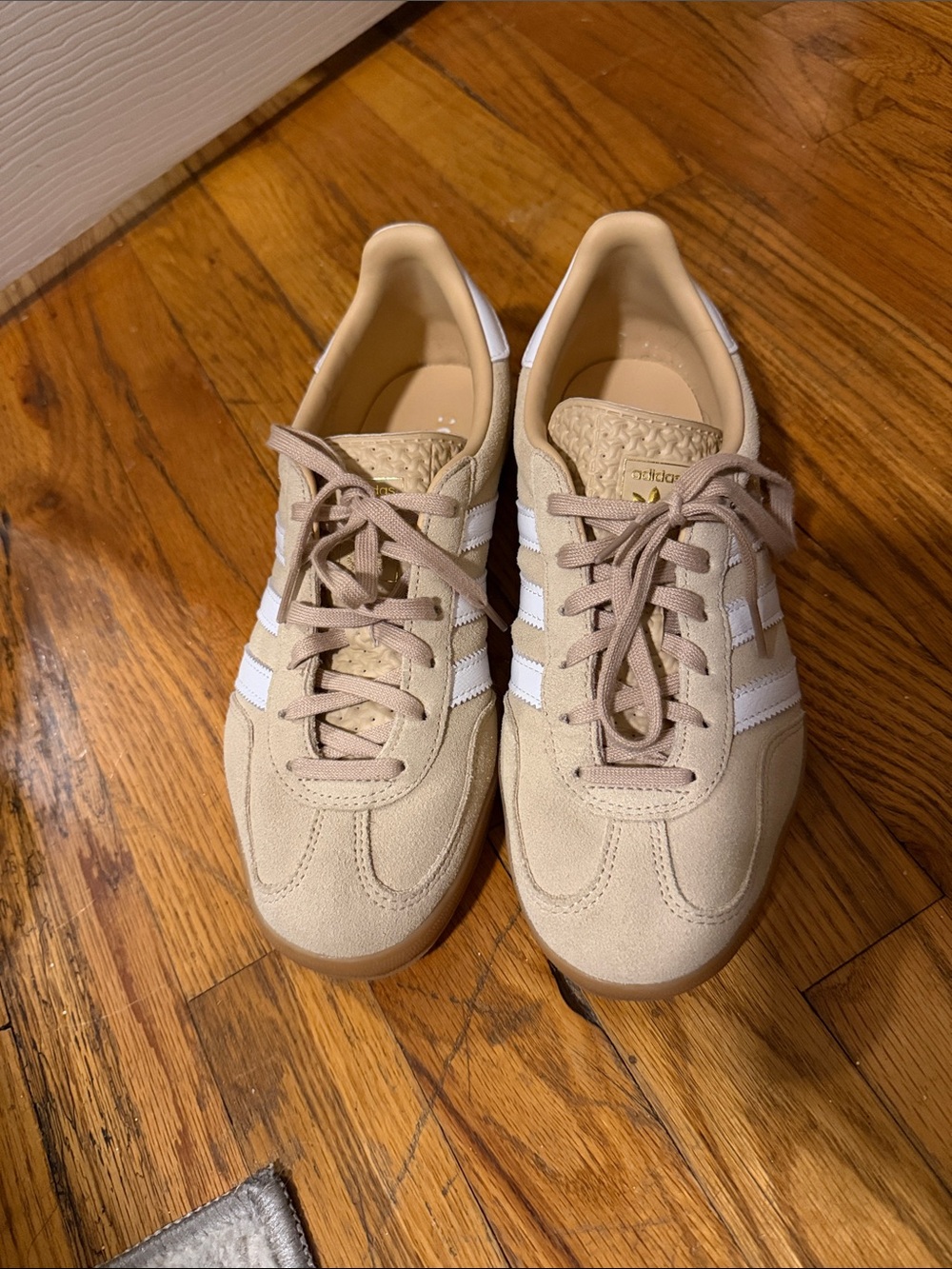 adidas Women's Beige Suede Sneakers with White Stripes